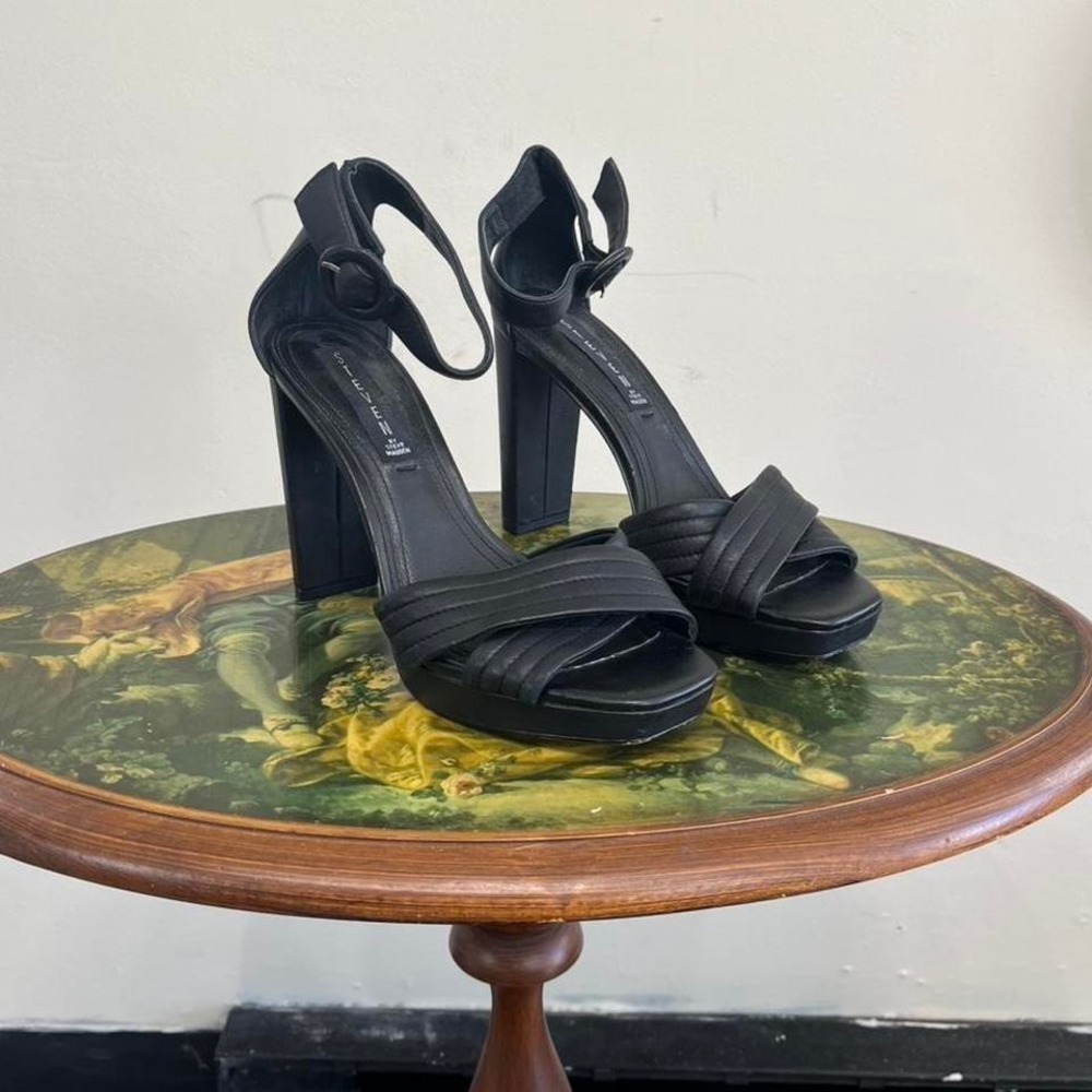 Steven by Steve Madden Ravena Black Leather Platform Block‎ Heel Sandals